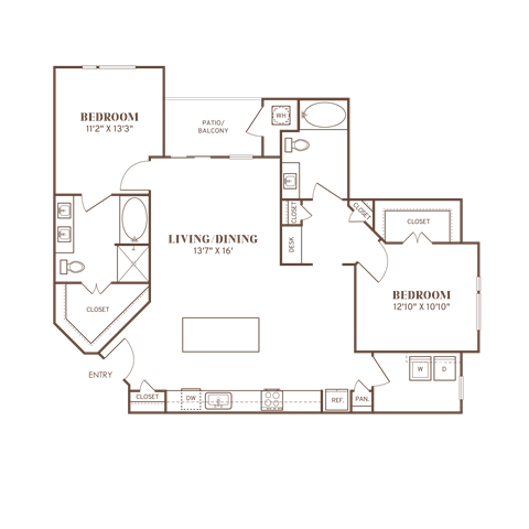 Floor plan for 2 beds, 2 baths, 1316 sqft